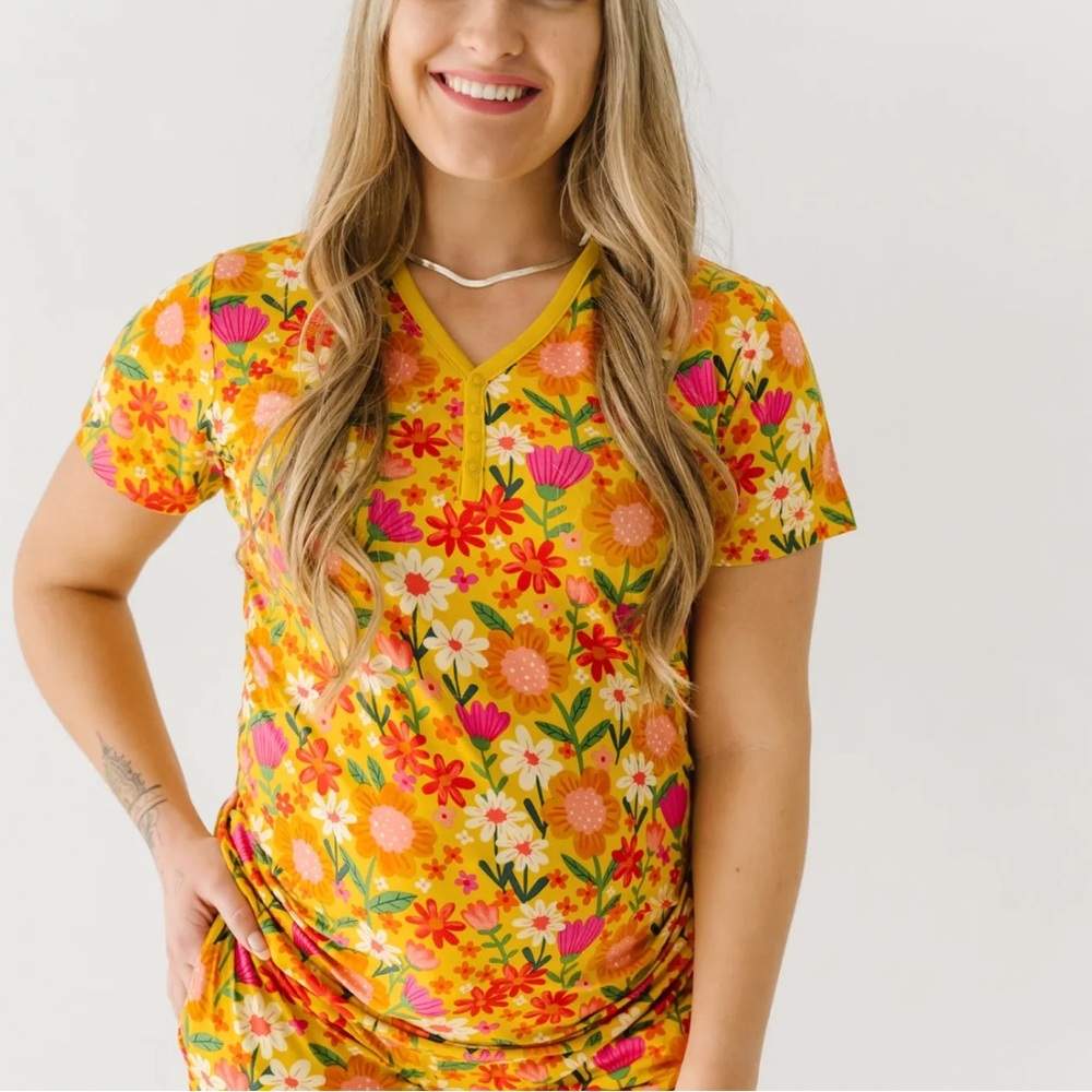 Little Sleepies womens Floral V-Neck Pajama Top Golden Yellow Large